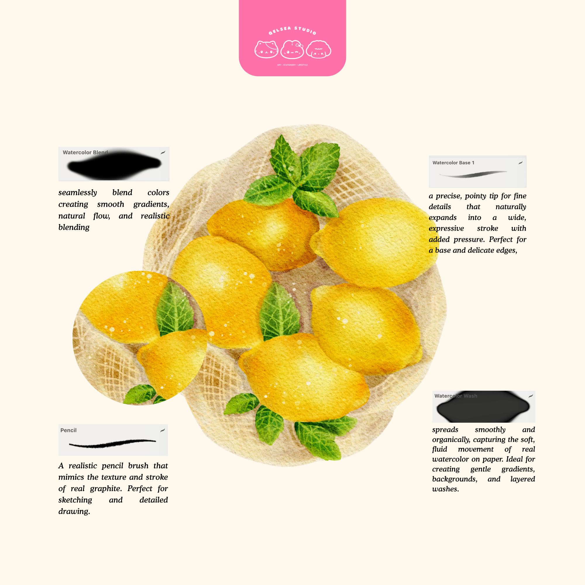 QELSEA STUDIO Procreate Watercolor Brush and Canvas